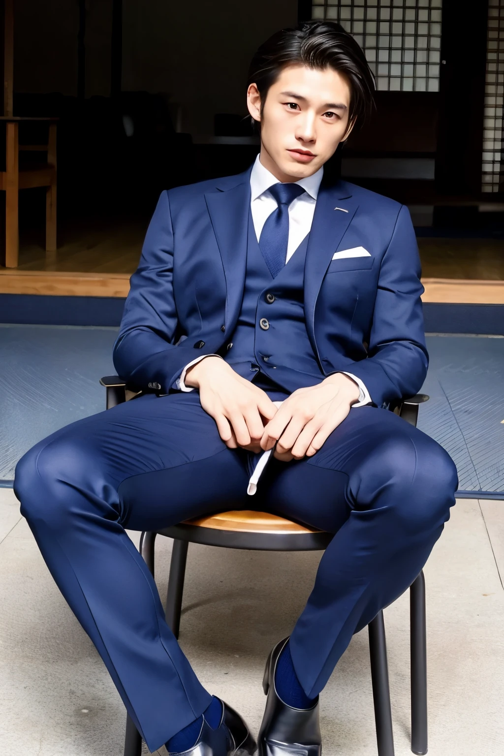 Japanese, navy suit, penis shape is visible, bulge emphasized, erection, crotch, big thighs, male, sitting on chair, sexy, muscular handsome man