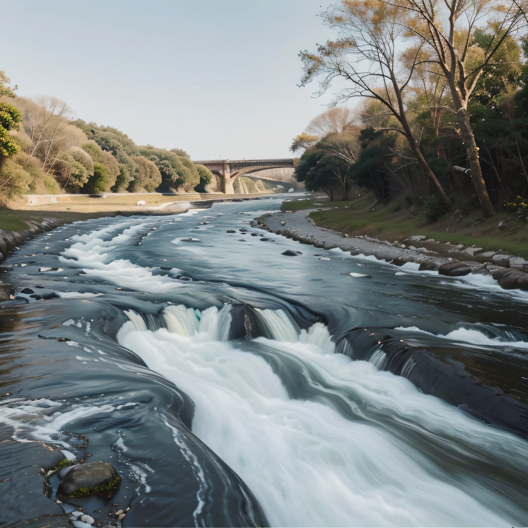 A river flowing with milk instead of water, white colour river, flowing calmly without any tides, painting.