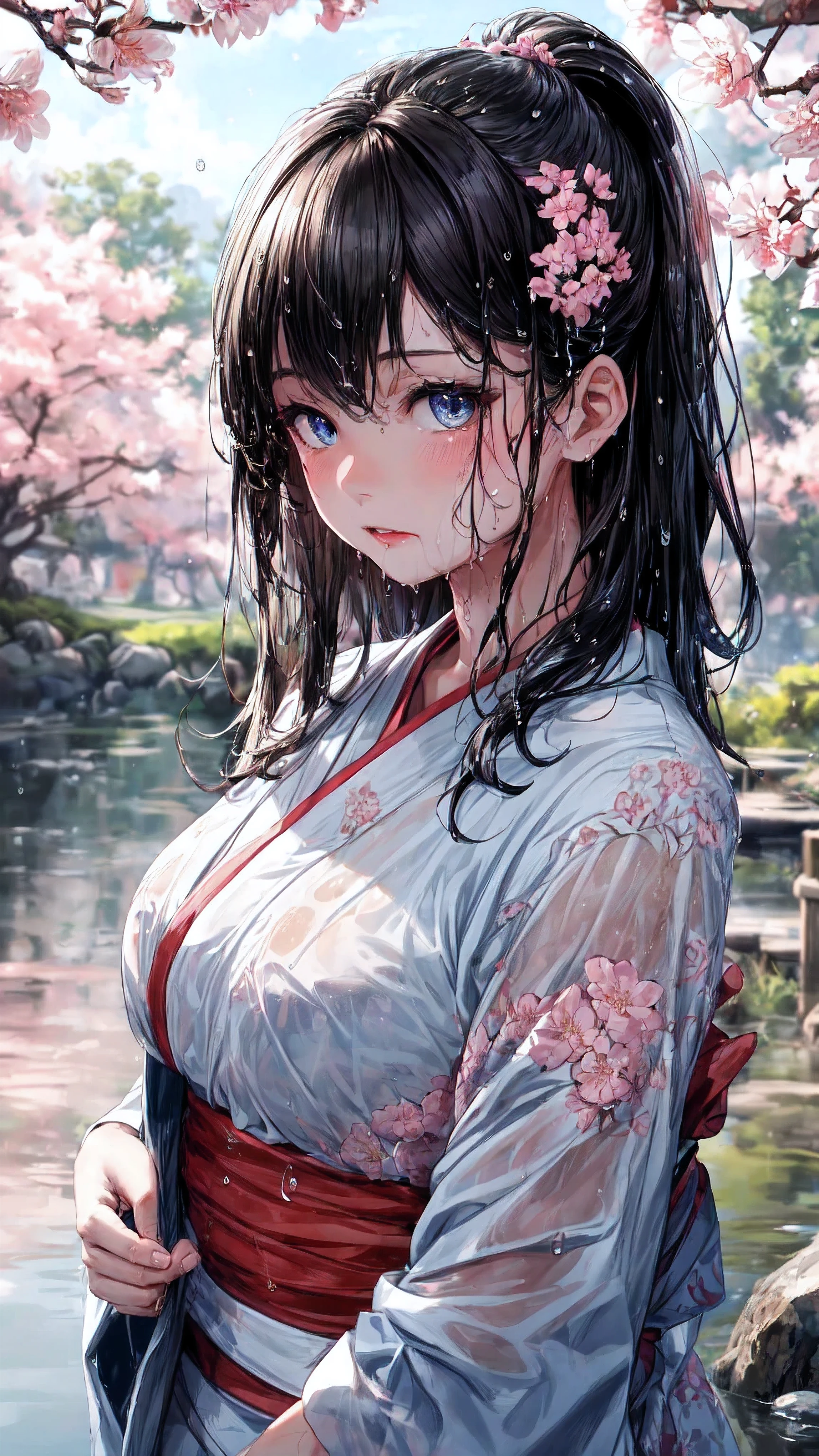 (best quality,highres,ultra-detailed,Pixiv:1.37),1 girl, full body, (7 years old girl:1.2), beautiful detailed eyes, beautiful detailed lips, girl wearing large kimono, beauty complex pattern on kimono, (wet, wet body, wet hair, wet skin, very wet kimono, reflection on the wet kimono, delicate cherry blossom embroidery, subtle water droplets:1.15), (water spray:1.1), (Cloth kimono, best kimono wrinkle, Transparent mucus wrapping), Voluminous hair, soft lighting, (portraits), vivid colors, calm expression, look at viewer, peaceful scenery, clean and fresh feeling,Beautiful and detailed water