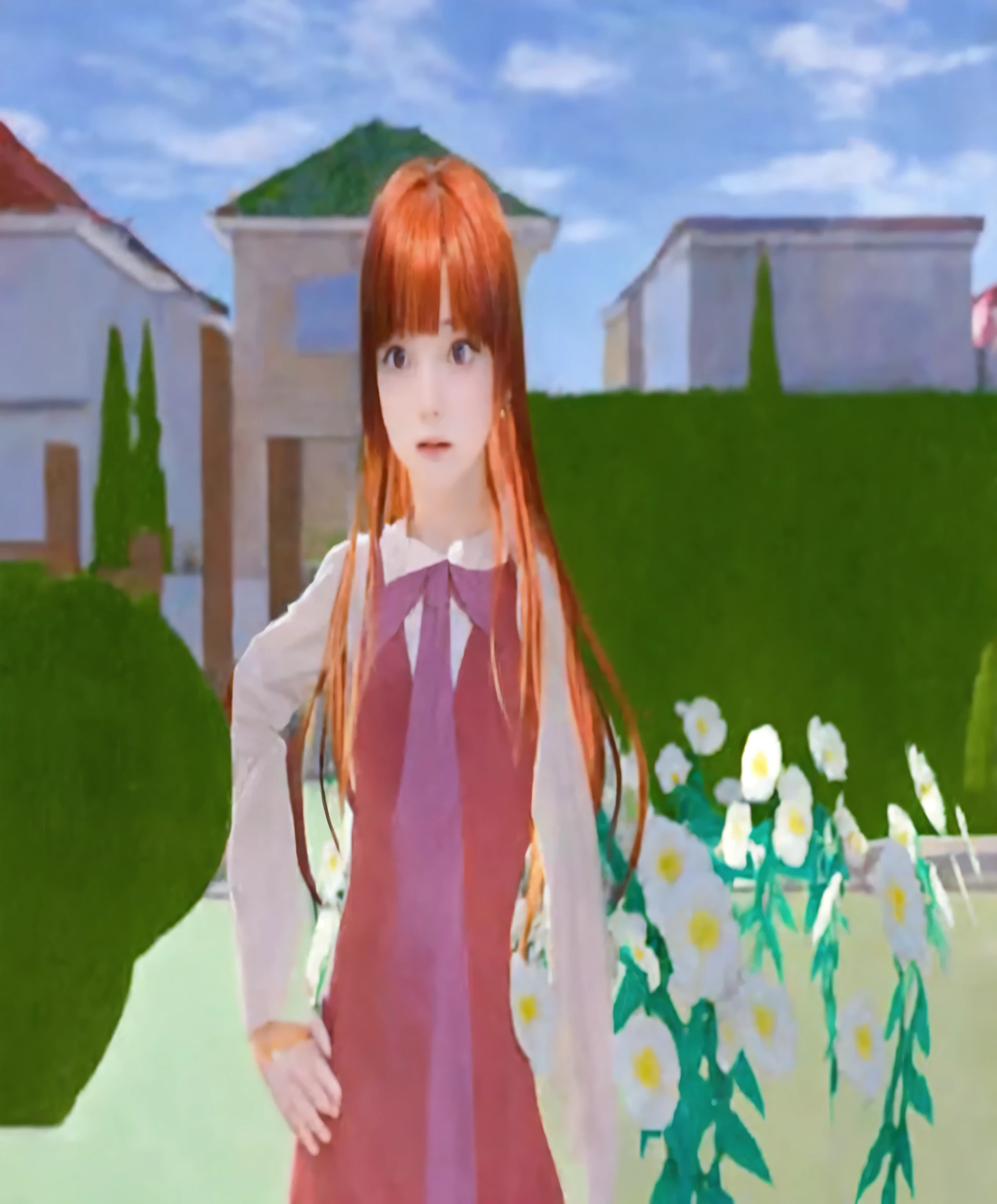 There is a girl light red hair in a pink dress standing in front of a flower garden,