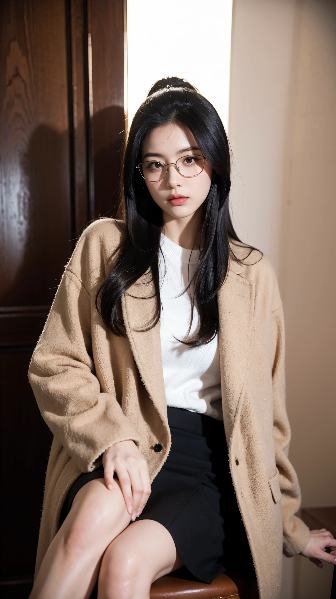 ((best quality)), ((masterpiece)), (detailed), (photorealistic:1.4), best quality, masterpiece, ultra high res, 1girl, (detailed face:1.2), (detailed eyes:1.2), (detailed hair:1.2), (detailed clothes:1.2), 4k, (detailed color:1.2), perfect face, beautiful body, pretty face, teenager female, perfect body, Ultra-high detail, Photorealism, Intimate atmosphere, flowing light, black straight hair, ponytail, glasses, wear a black coat, black coat, white uniform, polite uniform, black skirt, boss coat, sit on the boss chair, office room, facing at viewer