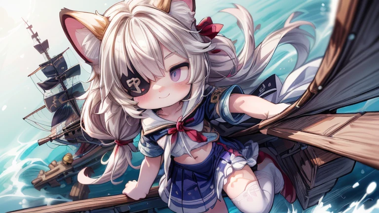 #quality(8k,wallpaper of extremely detailed CG unit, ​masterpiece,hight resolution,top-quality,top-quality real texture skin,hyper realisitic,increase the resolution,RAW photos,best qualtiy,highly detailed,the wallpaper),solo,#1catgirl(cute, kawaii,small kid,hair color red,braid hair,messy hair,eye color cosmic,big eyes,smile,have an eyepatch:2.0,smirk,pirates,dynamic angle:1.4,white over knee socks,full body,see stomach a little),#background(on the wooden ship,beautiful sea,simple),(dynamic angle:1.6),draw human hand very correctly,only two arms