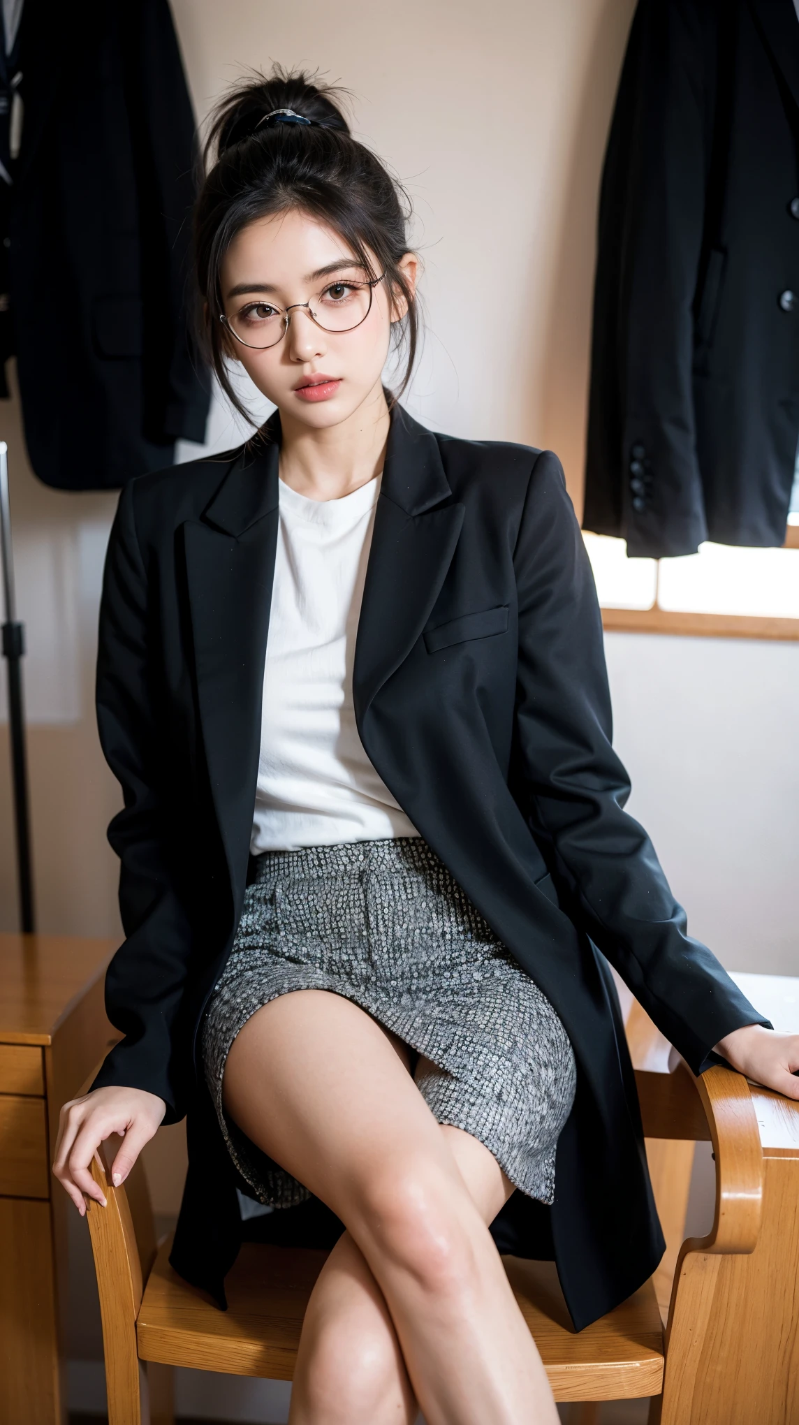 ((best quality)), ((masterpiece)), (detailed), (photorealistic:1.4), best quality, masterpiece, ultra high res, 1girl, (detailed face:1.2), (detailed eyes:1.2), (detailed hair:1.2), (detailed clothes:1.2), 4k, (detailed color:1.2), perfect face, beautiful body, pretty face, ager female, perfect body, Ultra-high detail, Photorealism, Intimate atmosphere, flowing light, black straight hair, ponytail, glasses, wear a black coat, black coat, white uniform, polite uniform, black skirt, boss coat, sit on the boss chair, office room, facing at viewer