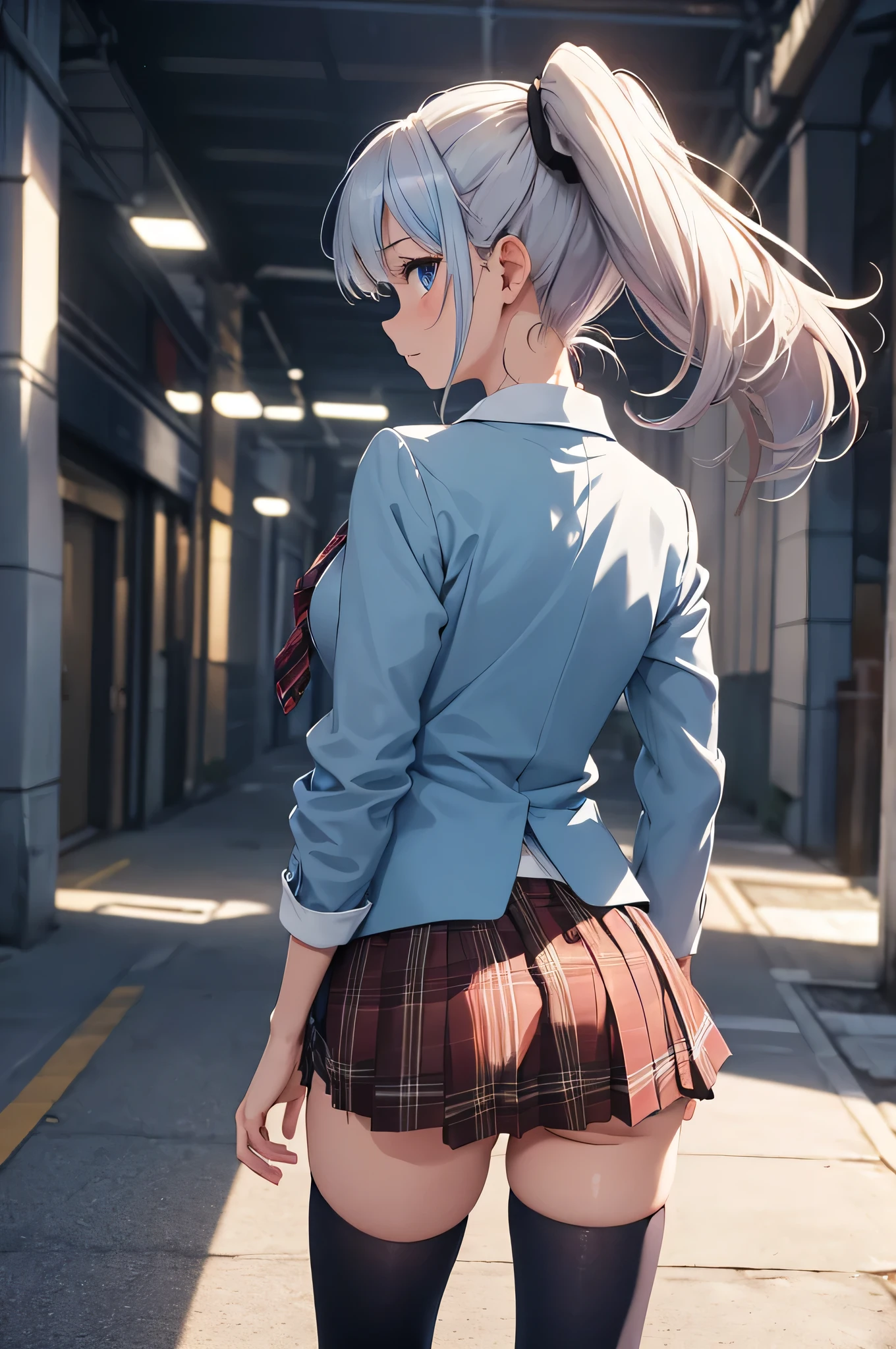 highest quality, 32k, Raw photo, incredibly absurd, very detailed, beautiful 18 year old woman, Iridescent light blue ponytail, shining blue eyes, lewd and obscene expressions, Happy, shy, (wearing high , navy blazer, white shirt, red tie, brown plaid mini skirt, Brown socks), Best body shape, Background of the school route at dusk　((White thong panties are visible))　(((From the back)))