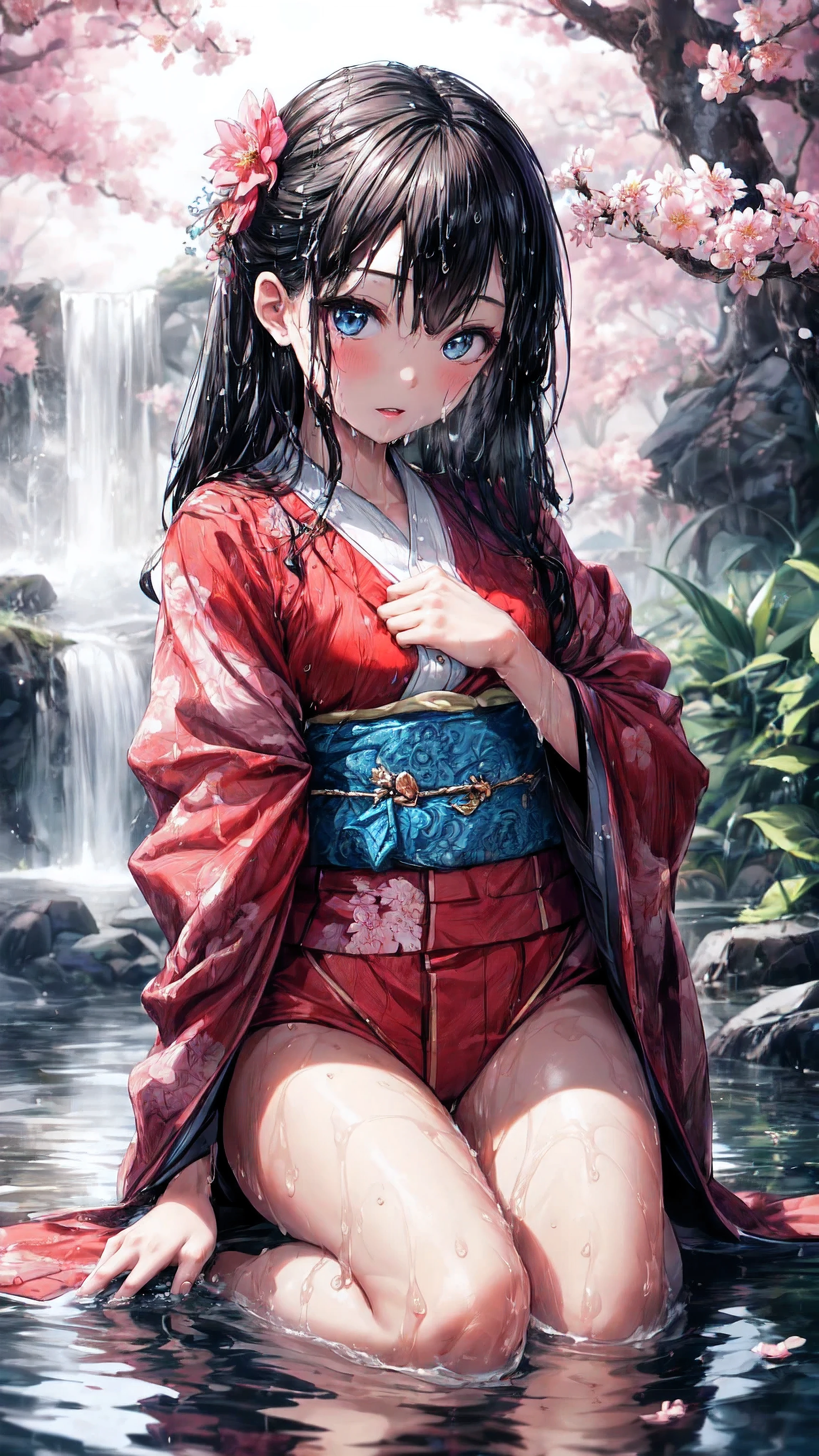 (best quality,highres,ultra-detailed,Pixiv:1.37),1 girl, full body, (7 years old girl:1.2), beautiful detailed eyes, beautiful detailed lips, girl wearing large kimono, beauty complex pattern on kimono, (wet, wet body, wet hair, wet skin, very wet kimono, reflection on the wet kimono, delicate cherry blossom embroidery, subtle water droplets:1.15), (water spray:1.1), (Cloth kimono, best kimono wrinkle, Transparent mucus wrapping), Voluminous hair, soft lighting, (portraits), vivid colors, calm expression, look at viewer, peaceful scenery, clean and fresh feeling,Beautiful and detailed water