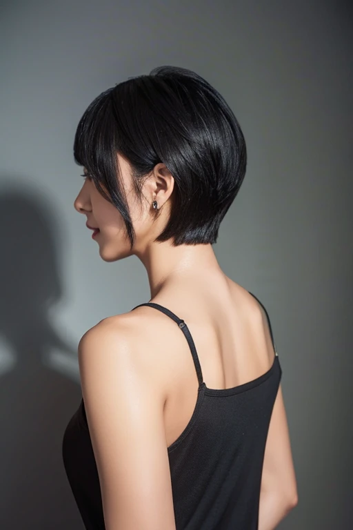 Black short straight hair、tight、back view