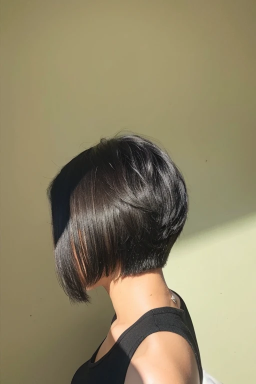 Black short straight hair、tight、back view