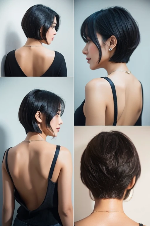 Black short straight hair、tight、back view