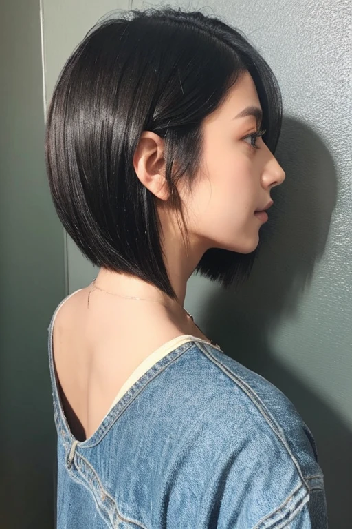 Black short straight hair、tight、back view