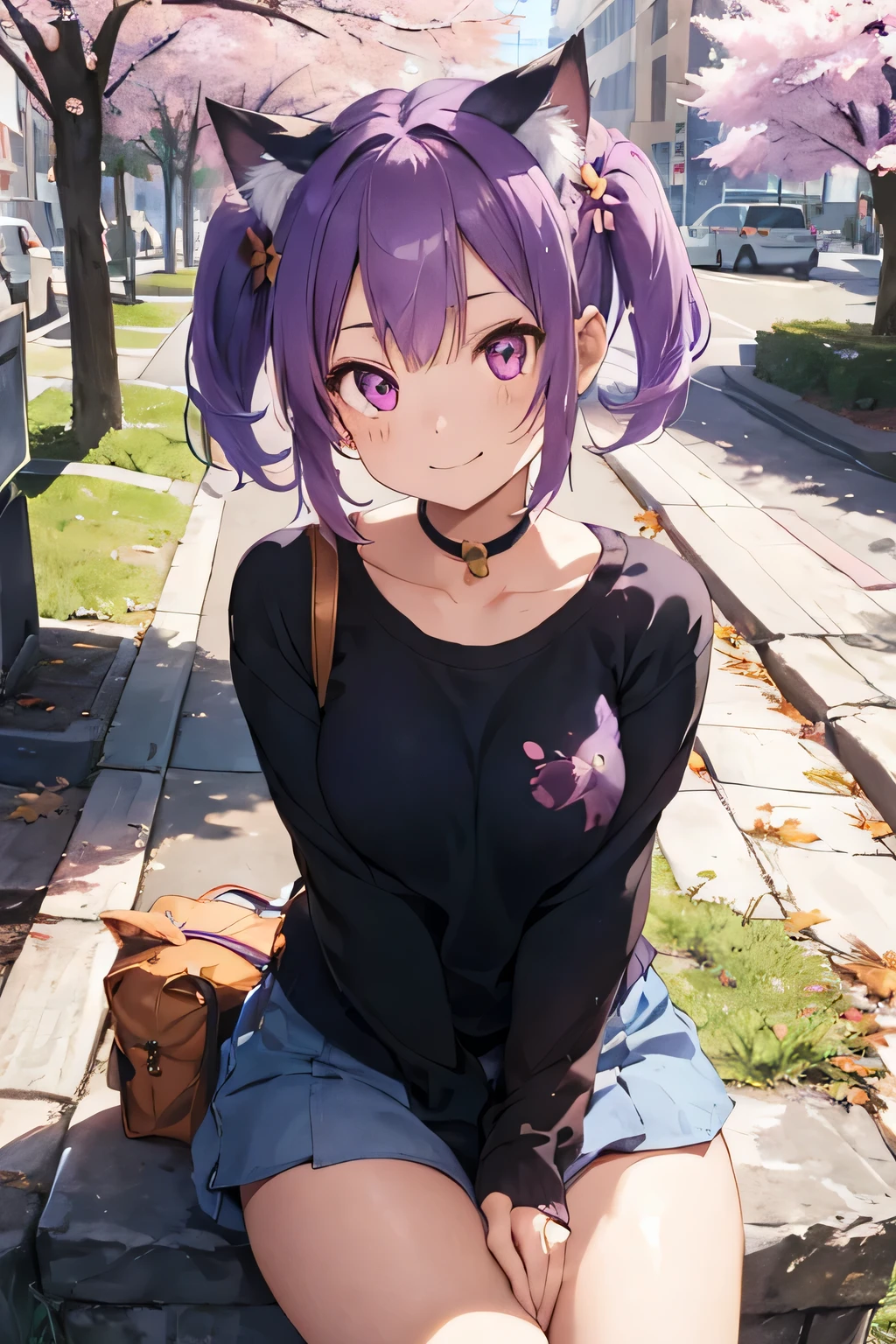 1girl, short hair, light purple hair, cat ears, animal ear fluff, magenta cat eyes, park , cherry blossoms, autumn, flower, morning, portrait, full body, sit pose, cute smile, 1girl, sit next to girl, autumn outfit, shy face, smile, light brown hair, long hair, fuzzy twintail , golden eye