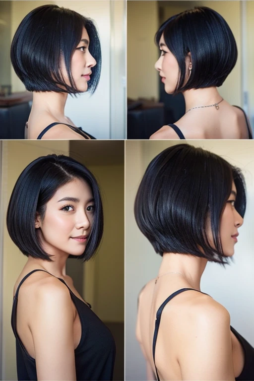 Black short straight hair、tight、back view、whole body