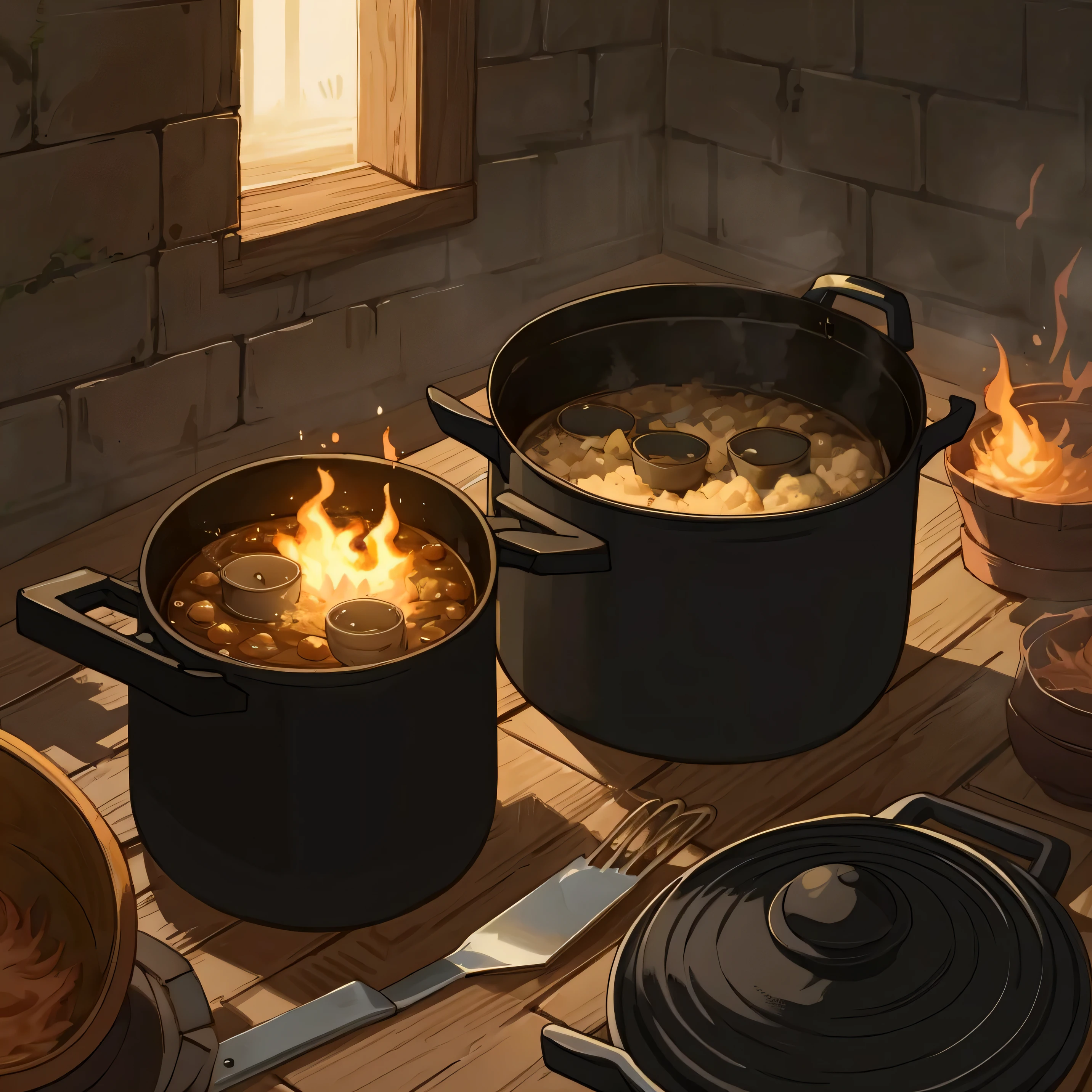 cooking utensils, 2D illustration, black cast iron pot, cauldron, large black pot