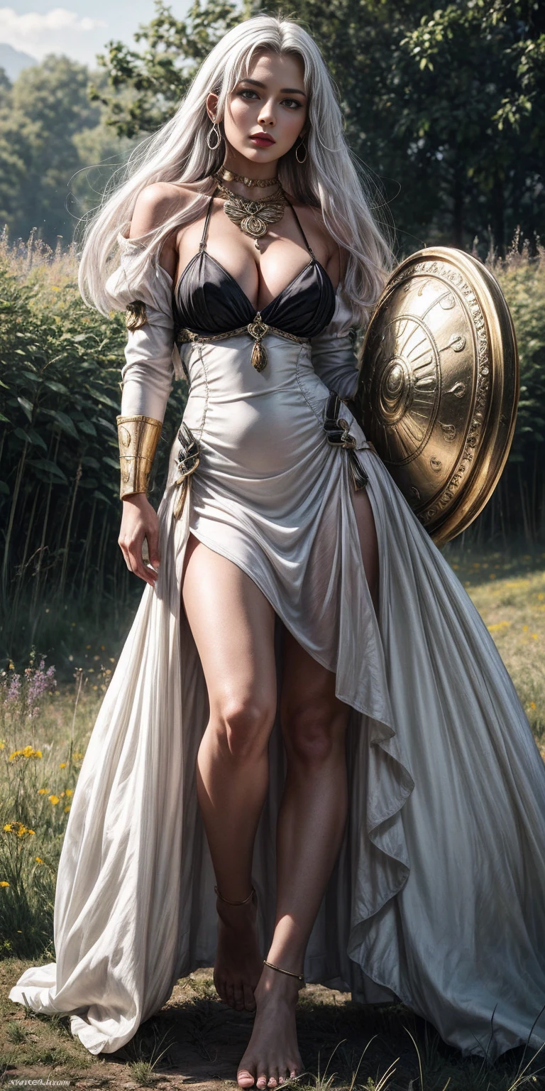 A female knight with Shield known as the Queen's Shield, best quality, masterpiece, white hair, gold eyes, white clothes, looking up but full body, full body, white silk dress with deep cleavage, bare feet, amber necklace, red lips, seductive gaze, volumetric lighting, realistic, meadow background, thick thighs, muscular body, jewelry, realistic, raw, analog, woman, photorealistic, analog, realism