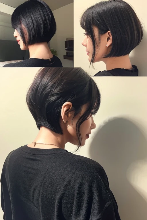 Black short straight hair、tight、back view