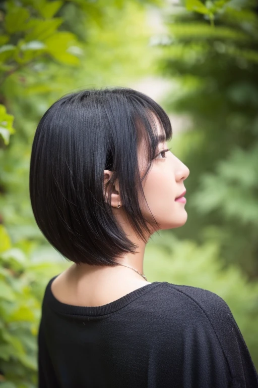 Black short straight hair、tight、back view