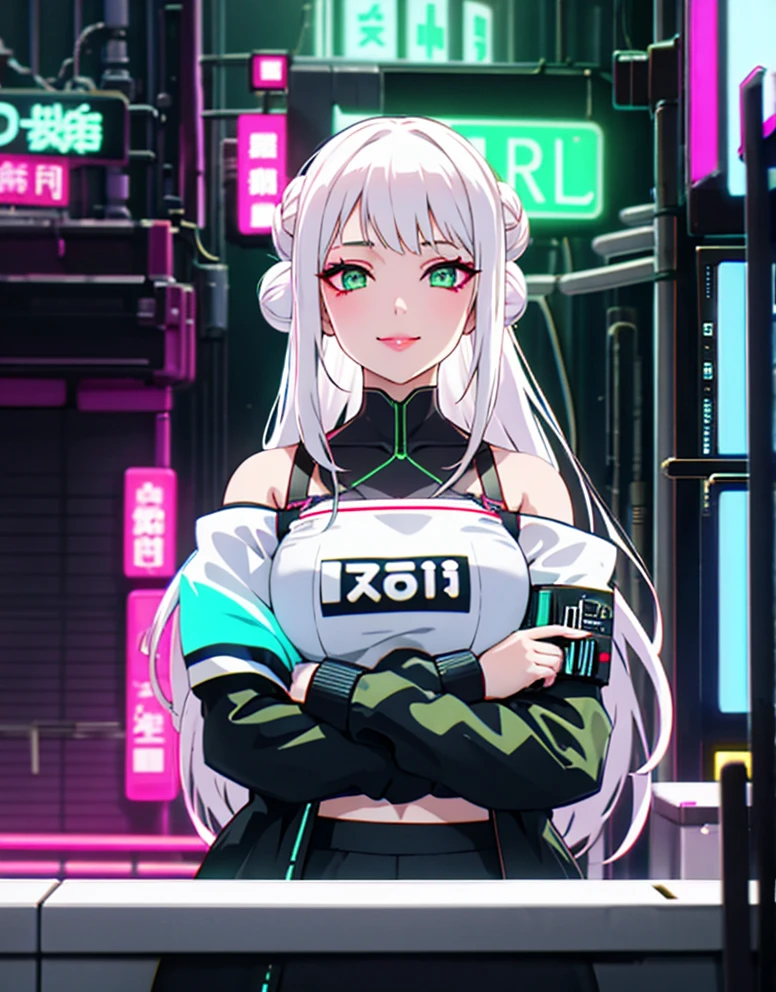 1girl, solo, white hair, hair in two buns, barcode, looking at viewer, lips, chromatic aberration, alluring smirk, long hair, upper body, off shoulder, android, shirt, cyberpunk, glowing green eyes,science fiction, cable,neon lights,(cyberpunk:1.2), looking over shoulder