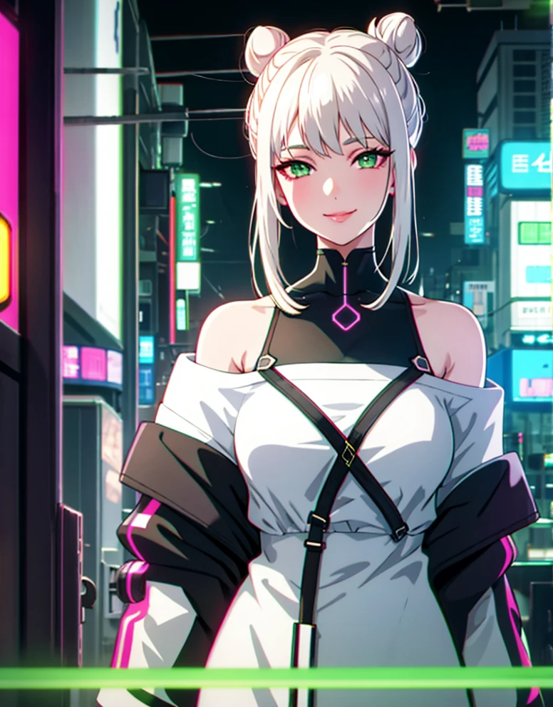 1girl, solo, white hair, hair in two buns, barcode, looking at viewer, lips, chromatic aberration, alluring smirk, long hair, upper body, off shoulder, android, shirt, cyberpunk, glowing green eyes,science fiction, cable,neon lights,(cyberpunk:1.2), looking over shoulder