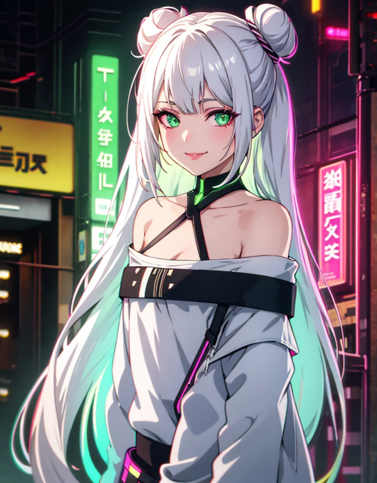 1girl, solo, white hair, hair in two buns, barcode, looking at viewer, lips, chromatic aberration, alluring smirk, long hair, upper body, off shoulder, android, shirt, cyberpunk, glowing green eyes,science fiction, cable,neon lights,(cyberpunk:1.2), looking over shoulder