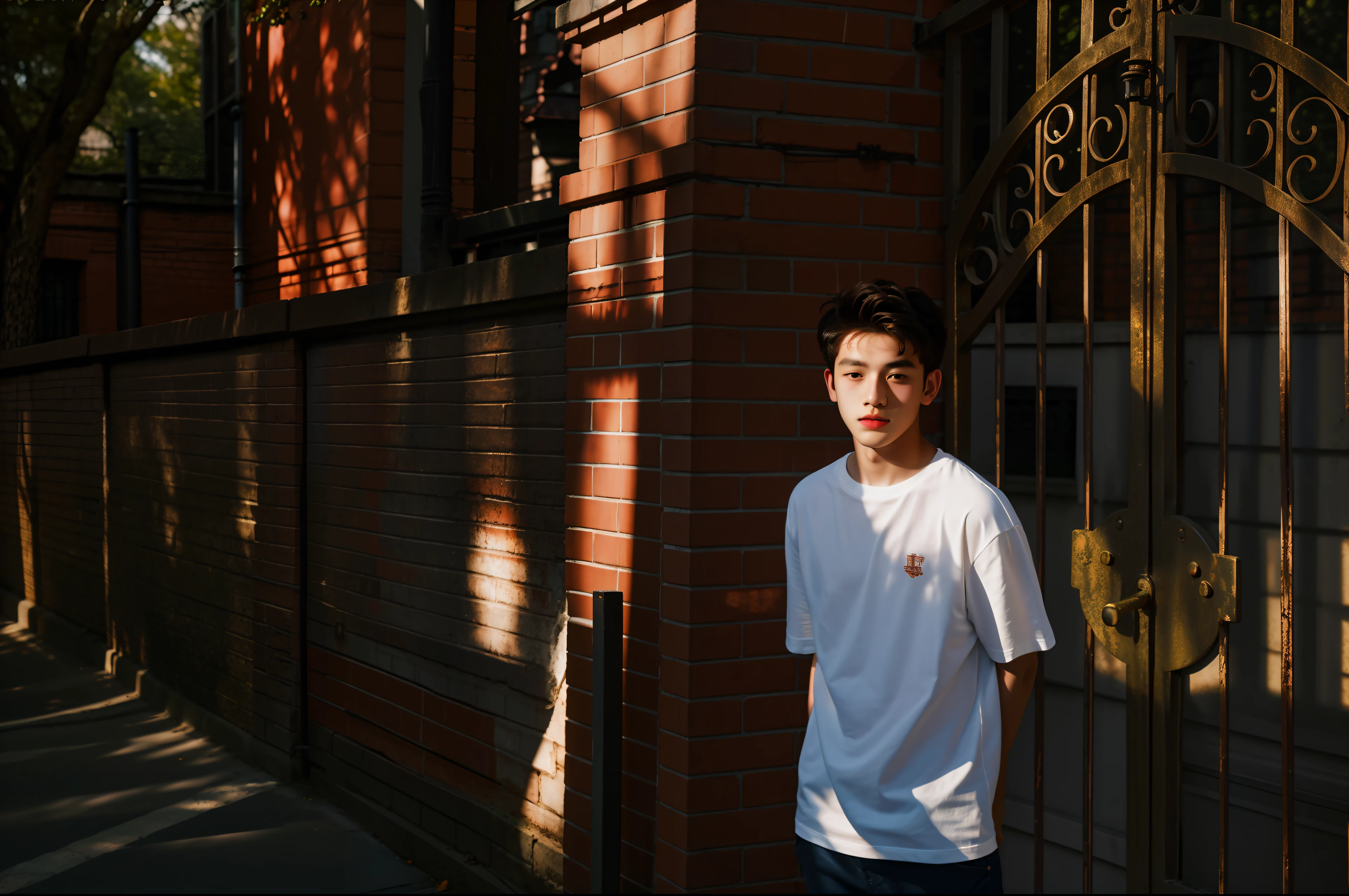 una foto,The boy stands in front of the red brick wall and the iron gate., vistiendo una camiseta blanca,Tarde soleada, portrait of a 1 5 year old boy, foto de portada de moda,retrato deportivo,(obra maestra:1.3),8K,super resolution,Cinematic lighting effects.,
