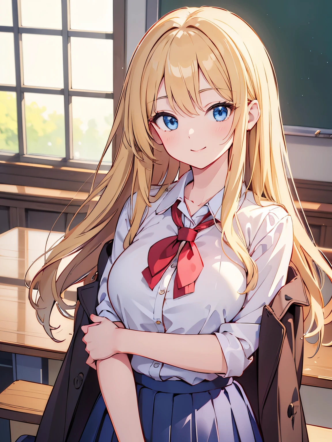 (master piece:1.2), (best Quality:1.2), (ultra detailed:1.2), (highres:1.2), 4k, 8k, upper body, look at viewer, long hair, straight hair, (large breas:1.2), blonde hair, blue eyes, milf, class room, pleated skirt, blouse, High school student, smile, Face Focus,