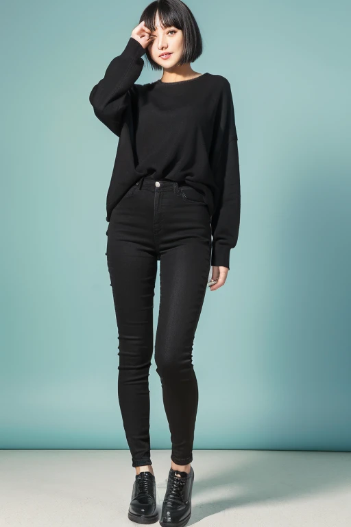 Black short straight hair、tight、full body shot