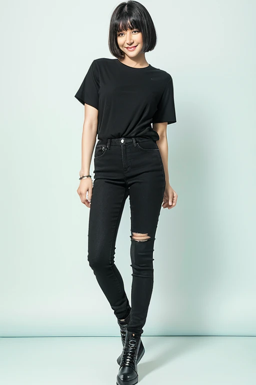 Black short straight hair、tight、full body shot