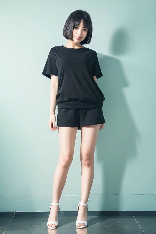 Black short straight hair、tight、full body shot