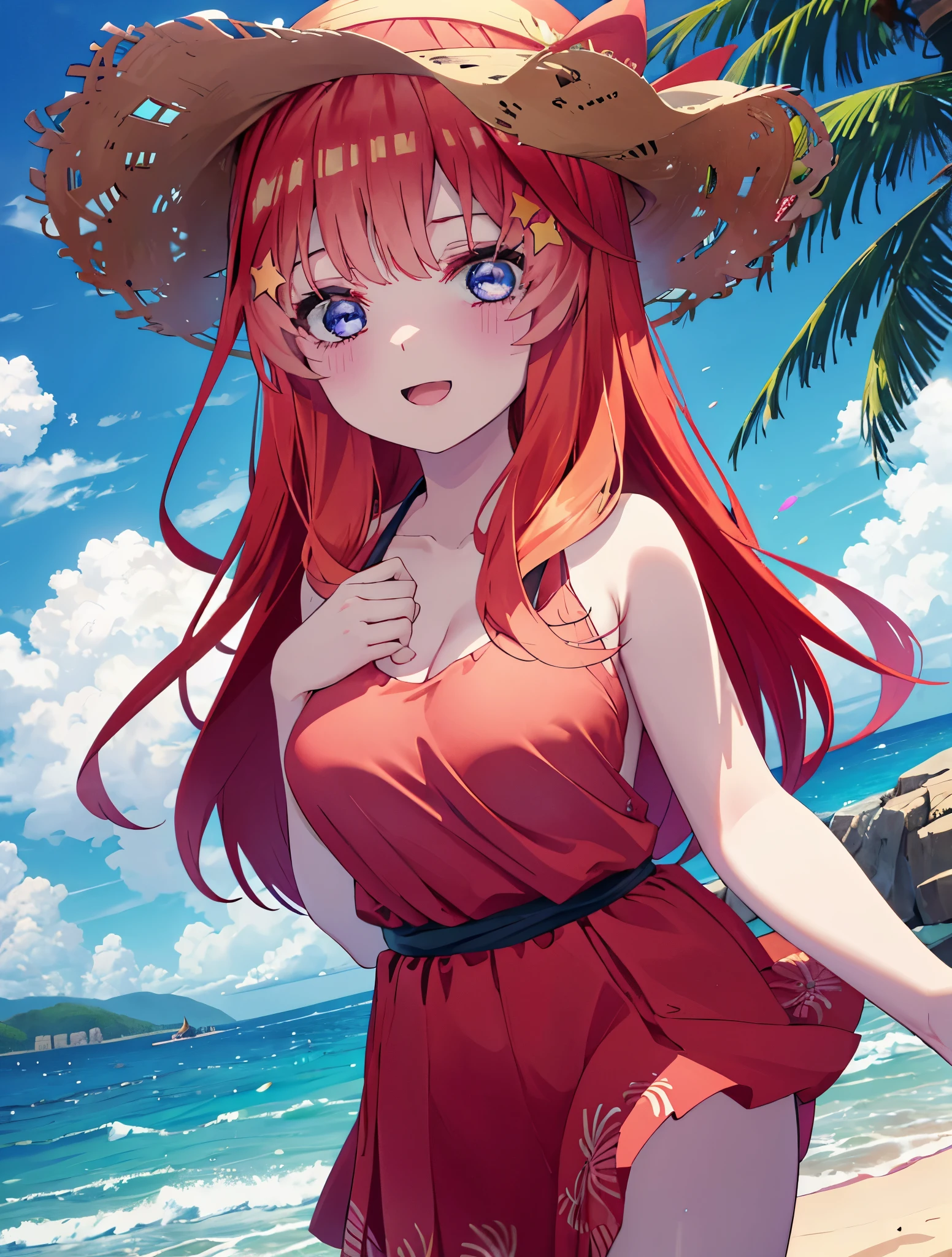 itsukinakano, itsuki nakano, bangs, blue eyes, hair between eyes, Ahoge, redhead, star \(symbol\), hair ornaments, star hair ornaments,happy smile, smile, open your mouth,Belly button soup,skirt,big straw hat,Red Bikini Swimsuit,naked belly,A light red blanket is wrapped around his waist..., (beach salon), big breasts,((salon)), beach outfit,real summer,Palm tree,
break outdoors, beach,
break looking at viewer, (cowboy shot:1.5),
break (masterpiece:1.2), highest quality, High resolution, unity 8k wallpaper, (shape:0.8), (fine and beautiful eyes:1.6), highly detailed face, perfect lighting, Very detailed CG, (perfect hands, perfect anatomy),