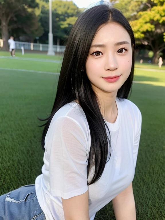 (kawaii 24 year-old Japanese girl, Nogizaka idol, Korean idol), healthy female athlete body, (glossy black hair, messy short hair, symmetric and even length hair:1.3), (forehead), (rounded face, black eyes, single eyelid, no makeup, soft smiling:1.2), (wearing over-sized t-shirt, skinny jeans:1.3), (flat chest, extra small breasts), (looking at viewer:1.2), BREAK, (turf in the park background:1.3), (dynamic angle:1.3), face focus, BREAK, (masterpiece, best quality, photo realistic, official art:1.4), (UHD, 8K quality wallpaper, high resolution, raw photo, golden ratio:1.2), (shiny skin), professional lighting, physically based rendering, award winning, (perfect anatomy, highly detailed skin, extremely detailed face and eyes), Carl Zeiss 85 mm F/1.4, depth of field, 1girl, solo,