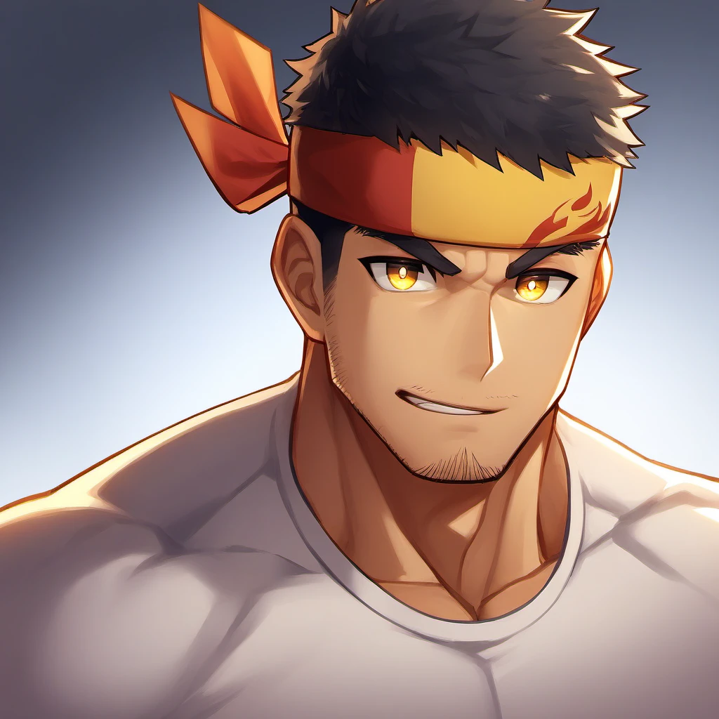 anime characters:Gyee, Lan, ung muscular man, male focus, Flame tattoo, sports Red headband, Creamy white spandex tight T-shirt, muscular male, muscular, only, Upper body, alone, Black short hair, Thick eyebrows, stubble, Yellow eyes, White background, simple background, amazing quality, best aesthetics, Ridiculous, bright pupils, crew cut, naughty face, torogao, parted lips, best quality