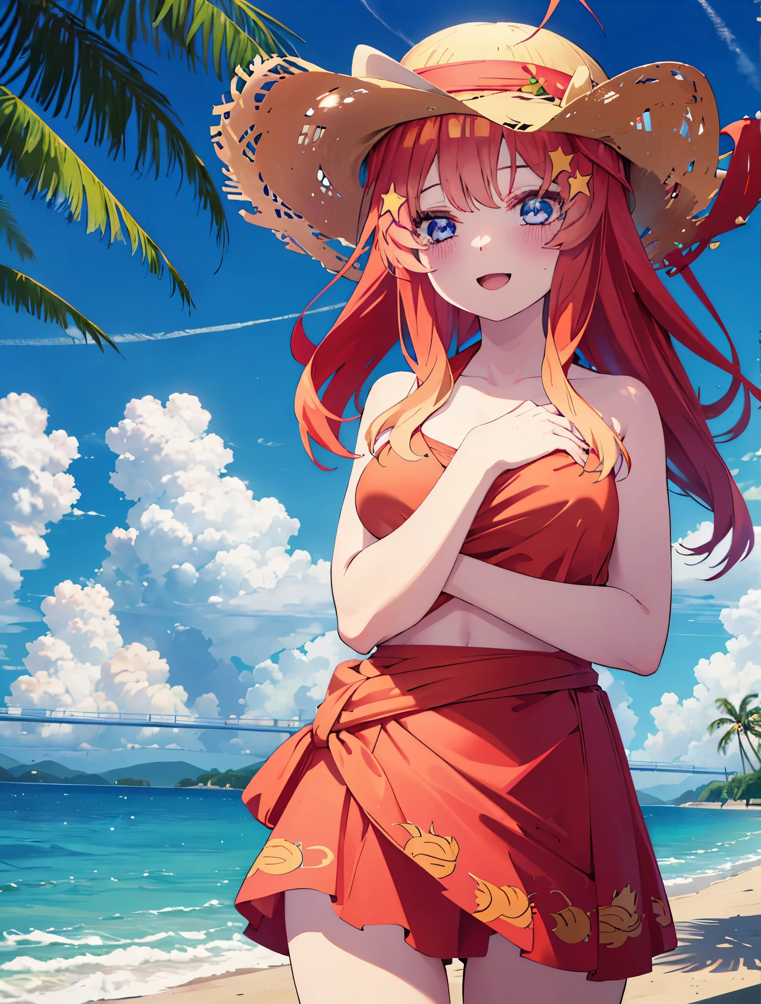 itsukinakano, itsuki nakano, bangs, blue eyes, hair between eyes, Ahoge, redhead, star \(symbol\), hair ornaments, star hair ornaments,happy smile, smile, open your mouth,Belly button soup,skirt,big straw hat,Red Bikini Swimsuit,naked belly,A light red blanket is wrapped around his waist..., (beach salon),  big breasts,((salon)), beach outfit,real summer,Palm tree,
break outdoors, beach,
break looking at viewer, (cowboy shot:1.5),
break (masterpiece:1.2), highest quality, High resolution, unity 8k wallpaper, (shape:0.8), (fine and beautiful eyes:1.6), highly detailed face, perfect lighting, Very detailed CG, (perfect hands, perfect anatomy),