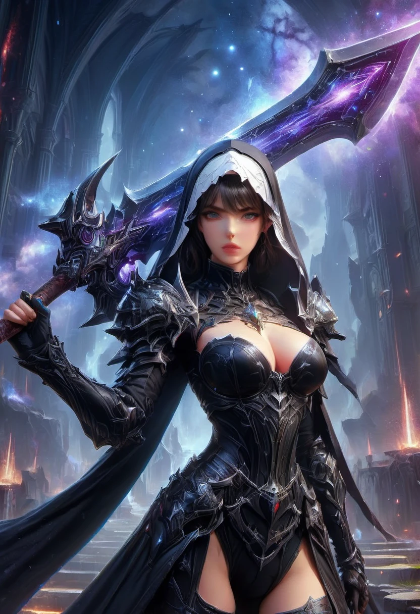 Fantasy game nun anime image, Wielding the Galaxy Axe, Galaxy print on the battle axe, Wearing black nun costume, Easing background, The art of math, Super detailed, Super detailed, HD, masterpiece, best quality
