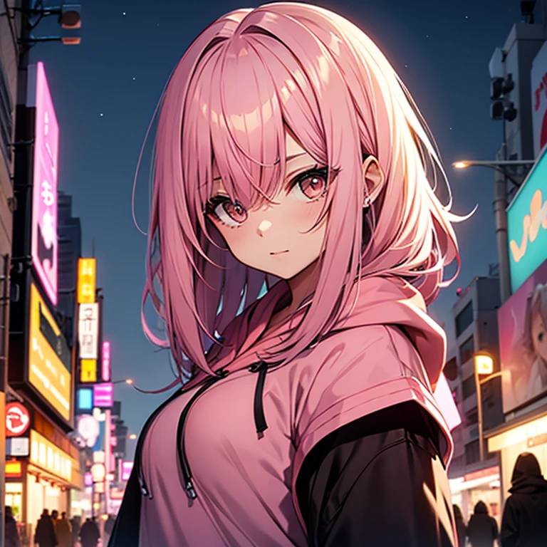 pink hair, medium length hair, brown eyes, girl, warm، pink hoodie, 18 years, night city, asian