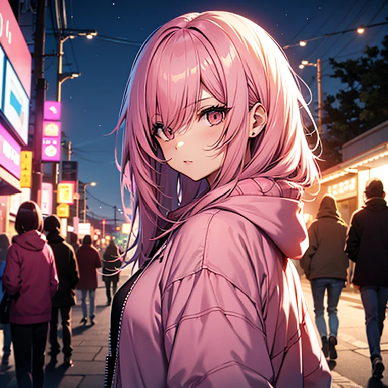 pink hair, medium length hair, brown eyes, girl, warm، pink hoodie, 18 years, night city, asian