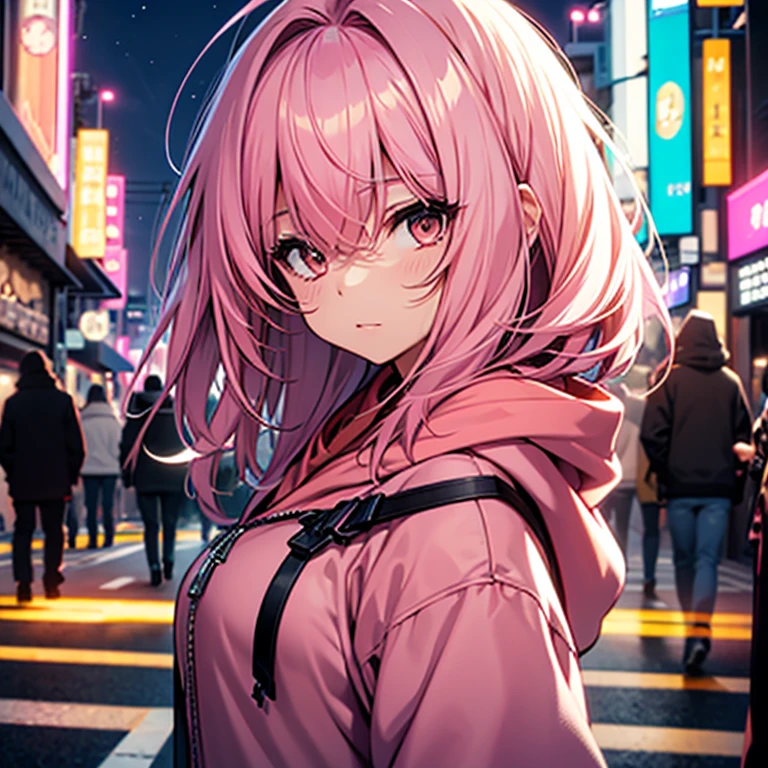 pink hair, medium length hair, brown eyes, girl, warm، pink hoodie, 18 years, night city, asian