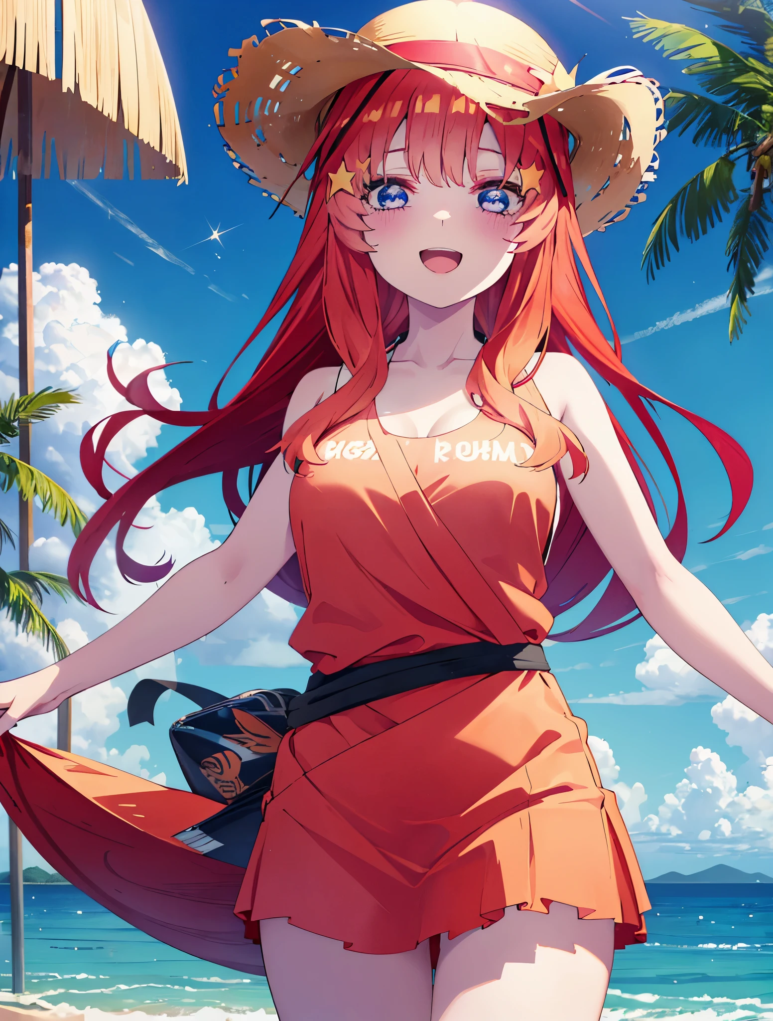 itsukinakano, itsuki nakano, bangs, blue eyes, hair between eyes, Ahoge, redhead, star \(symbol\), hair ornaments, star hair ornaments,happy smile, smile, open your mouth,Belly button soup,skirt,big straw hat,Red Bikini Swimsuit,naked belly,A light red blanket is wrapped around his waist..., (beach salon), big breasts,((salon)), beach outfit,real summer,Palm tree,
break outdoors, beach,
break looking at viewer, (cowboy shot:1.5),
break (masterpiece:1.2), highest quality, High resolution, unity 8k wallpaper, (shape:0.8), (fine and beautiful eyes:1.6), highly detailed face, perfect lighting, Very detailed CG, (perfect hands, perfect anatomy),