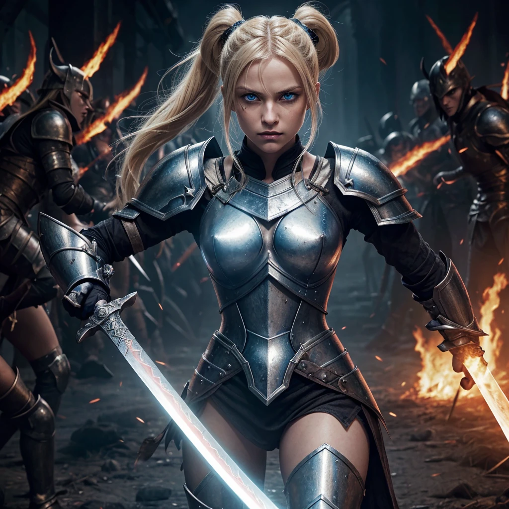 Create an image of a fierce blonde warrior with piercing blue eyes, clad in battle-worn armor, wielding a gleaming sword amidst a horde of menacing demons. Her determined expression shows defiance, surrounded by swirling shadows and glowing eyes of the infernal creatures closing in around her.