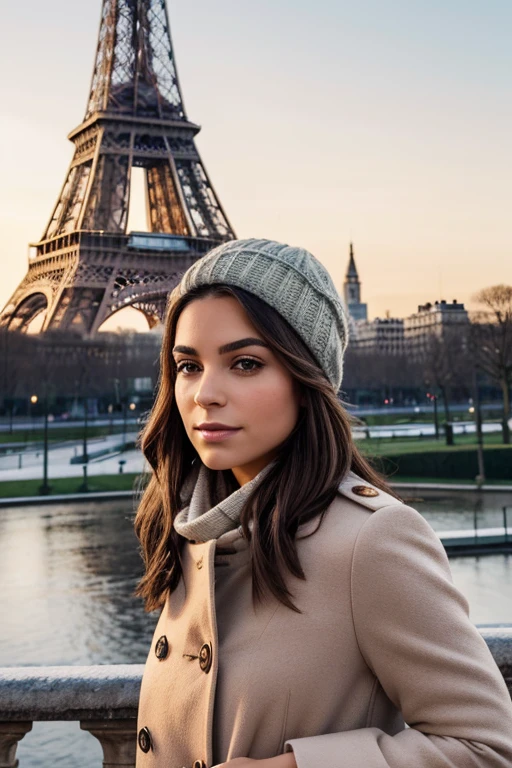 Breathtaking cinematic photo of a 25 year old girl with Pelo moreno and Brown eyes, feliz, happy expression, boca cerrada, Prince lips, Detalles intrincados, poca profundidad de campo, Muy detallado, alto presupuesto, epic hollywood movie, Magnifique, jefe de&#39;obra de arte, Principal, profesional, Muy detallado, textura de piel detallada, (ruborizarse: 0.5), (carne de gallina: 0.5). (the most Prince woman in the world) (Pelo moreno) (pelo corto y rizado, Cabello salvaje, elegant coupe) cara delgada, nez fin, Prince, very Prince, Perfecto face, desmenuzar body (desmenuzar), (Pelo moreno) (Brown eyes ) (piel blanca) Prince corps, face ouest, Ojos depredadores, labios rosados, muslos gruesos. todo el cuerpo, Beauté occidentale, nez fin, Prince, Perfecto, ((Mejor calidad)), ((ultra-resolution)), ((Fotorrealista: 1.4)), (Detalles intrincados), Perfecto face, se maquiller: 1.5 , rostro claro, detalles faciales. The travel pattern is captured on a cool morning.&#39;invierno cerca de la Torre Eiffel. ella esta vestida con&#39;una manera elegante, abrigo de&#39;warm winter, foulard, y guantes, su aliento visible en el&#39;aire frio. Her hair is combed under a stylish wool cap... The ground is lightly sprinkled with snow., and the morning light casts a serene glow upon the tower. She enjoys the quiet Princety of Paris in winter.