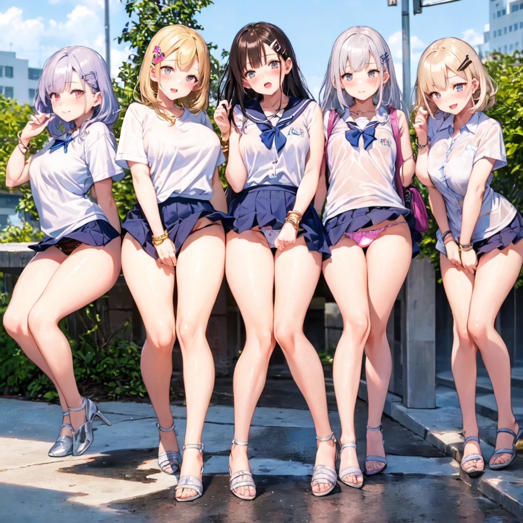 Texture CG, ((Ultra Detail Art)), ((​master piece)), (extremely details CG),Multiple girls,3girls,run,running, school gals ,school gyaru ,((((school unifrom))),skirt ,(((pleated mini skirt)))), white shirt, school bag, bag , beautiful legs, wind lift,(string panties),(white sexy panties),long hair, blonde hair, brown hair, pink hair, silver hair, Curve, Beautiful detailed eyes , gleaming skin, bracelet, ,hair ornament, hairclip, jewelry, open mouth ,light smile, embarrassed:1.4,