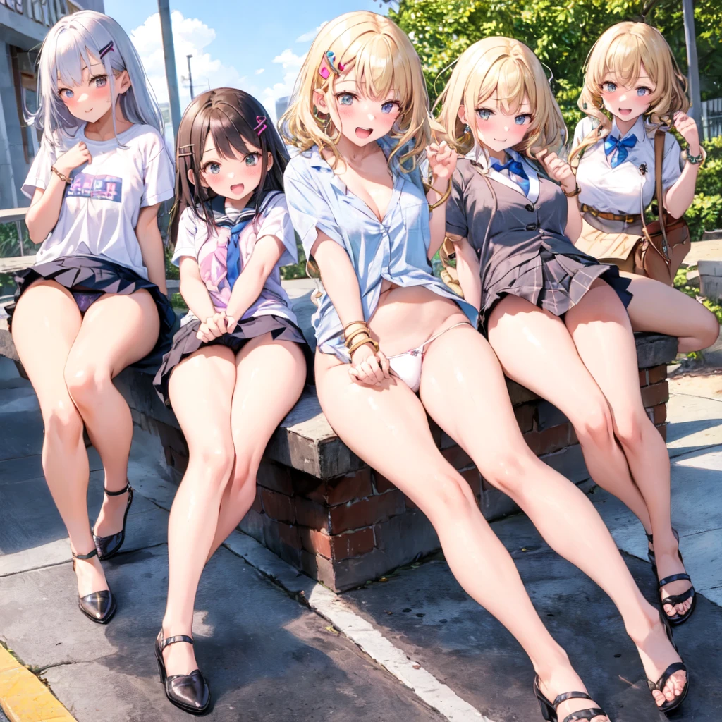 Texture CG, ((Ultra Detail Art)), ((master piece)), (extremely details CG),Multiple girls,3girls,run,running, school gals ,school gyaru ,((((school unifrom))),skirt ,(((pleated mini skirt)))), white shirt, school bag, bag , beautiful legs, wind lift,(string panties),(white sexy panties),long hair, blonde hair, brown hair, pink hair, silver hair, Curve, Beautiful detailed eyes , gleaming skin, bracelet, ,hair ornament, hairclip, jewelry, open mouth ,light smile, embarrassed:1.4,