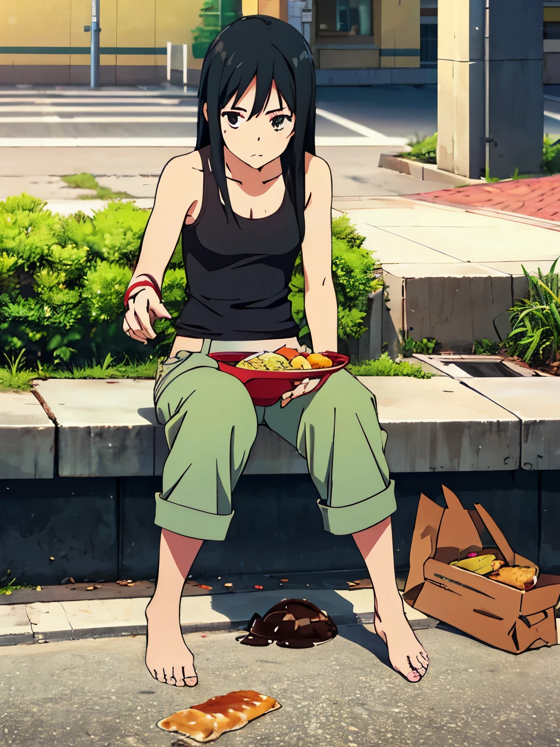 Poor girl,Tank top,barefoot,Urban sidewalks,morning,Shabby trousers,long black hair,Sitting and eating disgusting food