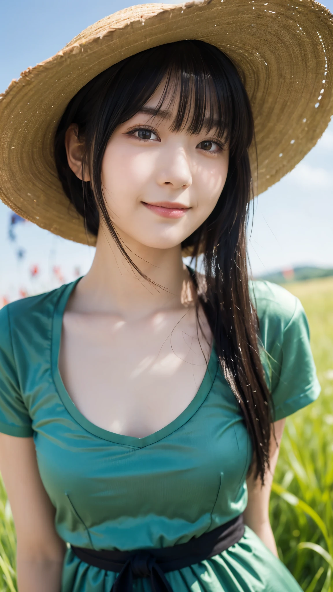 (highest quality,masterpiece:1.3,ultra high resolution),(Super detailed,caustics,8k),(photorealistic:1.4,RAW shooting),18-year-old,cute,Japanese,straw hat,Black Hair Middle Hair,(T-shirt),(smile),looking at the camera,blue sky,sun,Backlight,(top of the hill),(Tall green grassland:1.1),(Standing in the steppe),(ground level shot:1.1),(shot from the waist up),(face focus),(face close up),(low position:1.2),(Low - Angle:1.2),Natural light