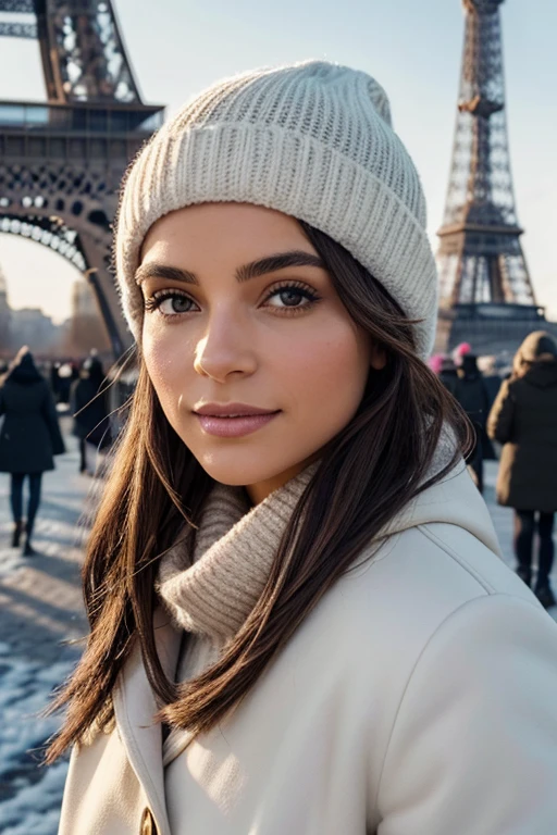 Breathtaking cinematic photo of a 25 year old girl with Pelo moreno and Brown eyes, feliz, happy expression, boca cerrada, Prince lips, Detalles intrincados, poca profundidad de campo, Muy detallado, alto presupuesto, epic hollywood movie, Magnifique, jefe de'obra de arte, Principal, profesional, Muy detallado, textura de piel detallada, (ruborizarse: 0.5), (carne de gallina: 0.5). (the most Prince woman in the world) (Pelo moreno) (pelo corto y rizado, Cabello salvaje, elegant coupe) cara delgada, nez fin, Prince, very Prince, Perfecto face, desmenuzar body (desmenuzar), (Pelo moreno) (Brown eyes ) (piel blanca) Prince corps, face ouest, Ojos depredadores, labios rosados, muslos gruesos. todo el cuerpo, Beauté occidentale, nez fin, Prince, Perfecto, ((Mejor calidad)), ((ultra-resolution)), ((Fotorrealista: 1.4)), (Detalles intrincados), Perfecto face, se maquiller: 1.5 , rostro claro, detalles faciales. The travel pattern is captured on a cool morning.'invierno cerca de la Torre Eiffel. ella esta vestida con'una manera elegante, abrigo de'warm winter, foulard, y guantes, su aliento visible en el'aire frio. Her hair is combed under a stylish wool cap... The ground is lightly sprinkled with snow., and the morning light casts a serene glow upon the tower. She enjoys the quiet Princety of Paris in winter.