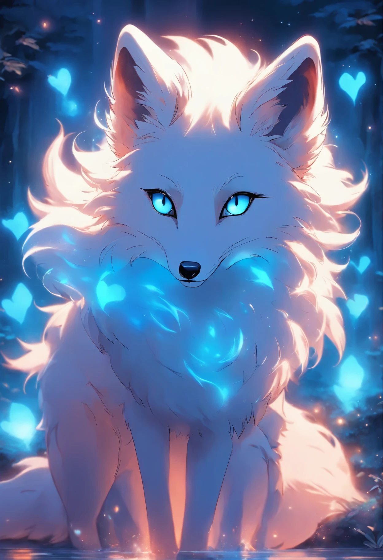 a white fox with blue eyes and long hair, ethereal fox, white glowing eyes, fantasy fox love, white fox, beautiful blue glowing eyes, very very beautiful furry art, blue glowing eyes, beautiful white glowing eyes, ethereal!!! ultra realistic, white - haired fox, a beautiful fox lady, fantasy creature, vampire white fox, kitsune, realistic. detailed fur