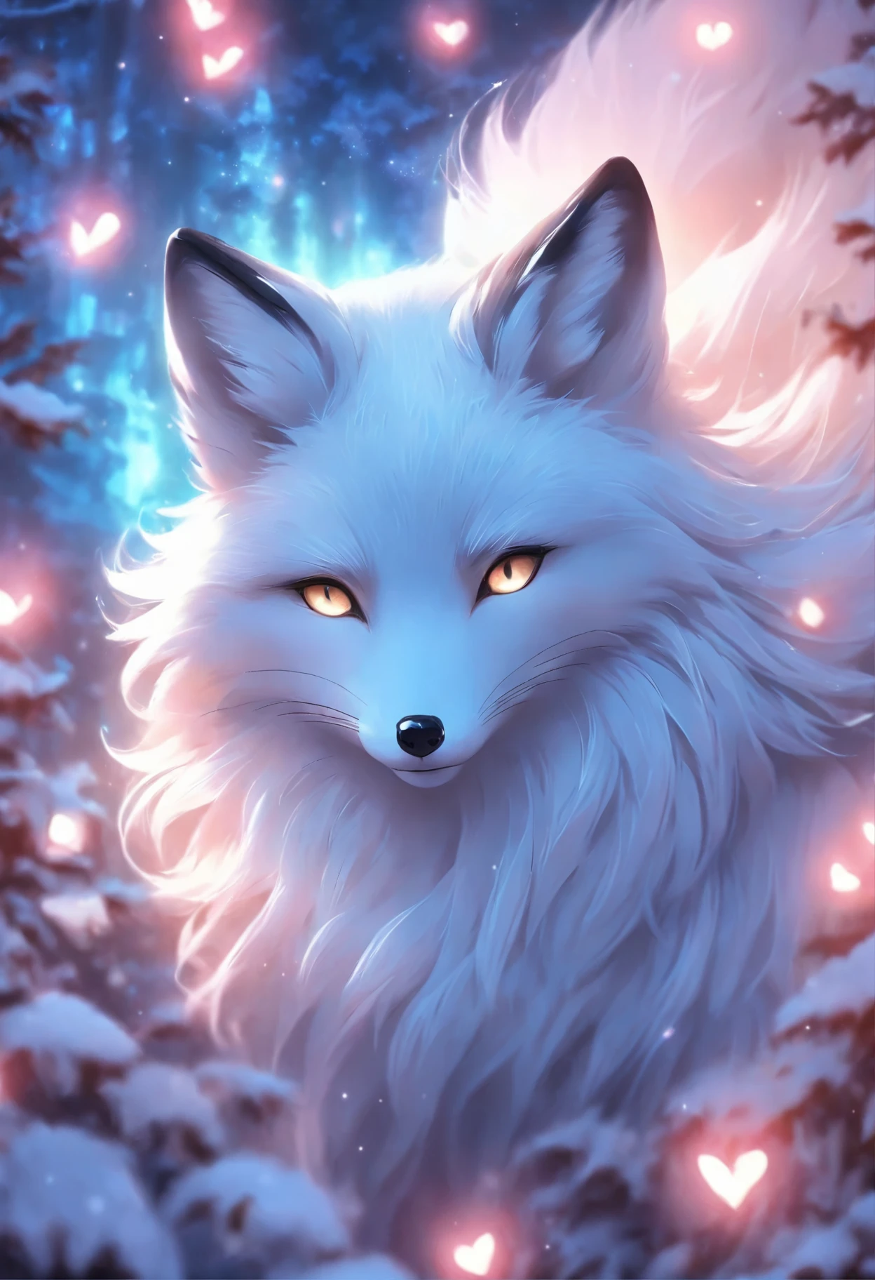 a white fox with blue eyes and long hair, ethereal fox, white glowing eyes, fantasy fox love, white fox, beautiful blue glowing eyes, very very beautiful furry art, blue glowing eyes, beautiful white glowing eyes, ethereal!!! ultra realistic, white - haired fox, a beautiful fox lady, fantasy creature, vampire white fox, kitsune, realistic. detailed fur