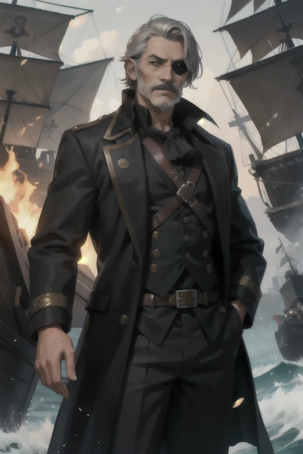 mature older man, tall, gray mustache, short well kept hair, 1 eye patch, burning ships in the background, pirate era, black coat