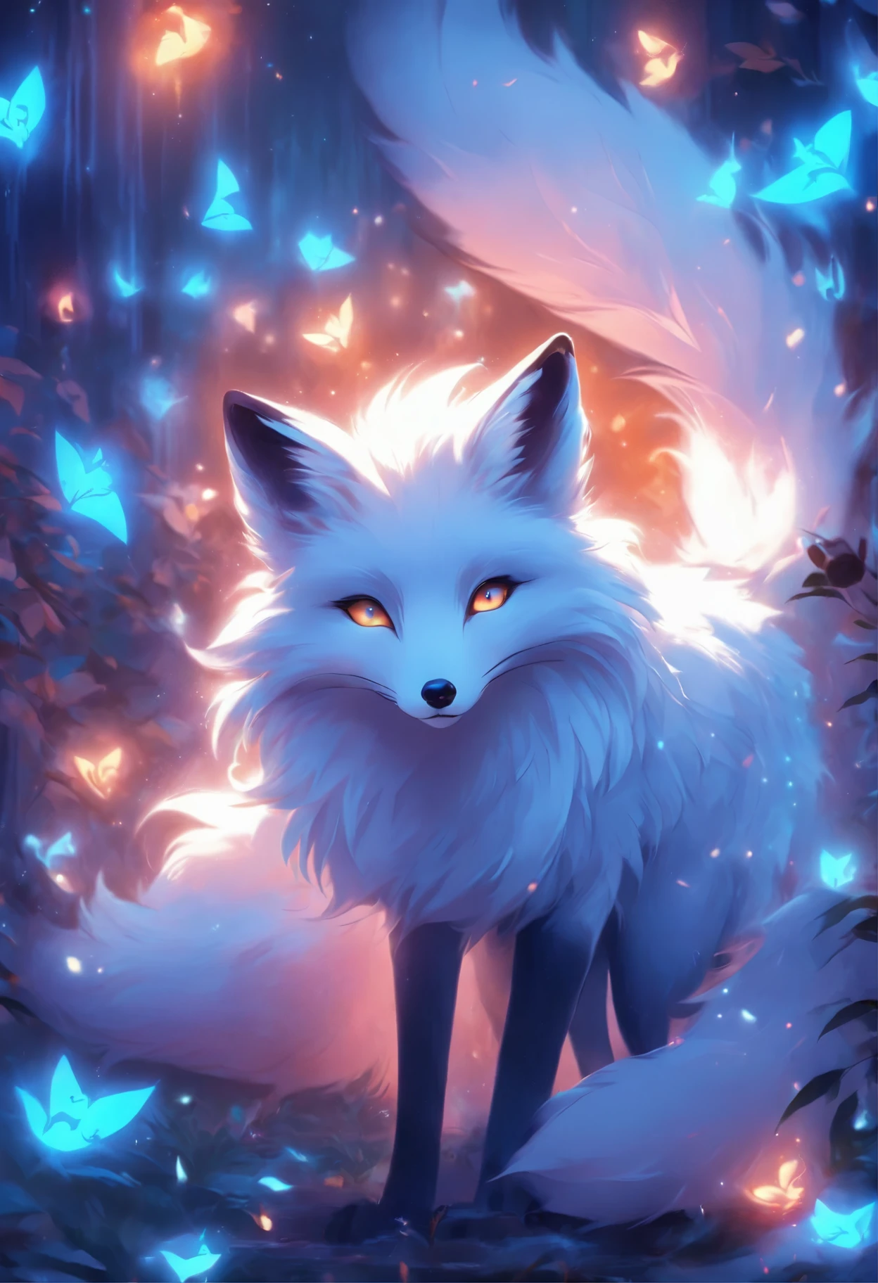 a white fox with blue eyes and long hair, an airbrush painting by Cedric Seaut, trending on cgsociety, furry art, ethereal fox, white glowing eyes, fantasy fox love, white fox, beautiful blue glowing eyes, very very beautiful furry art, blue glowing eyes, beautiful white glowing eyes, ethereal!!! ultra realistic, white - haired fox, a beautiful fox lady