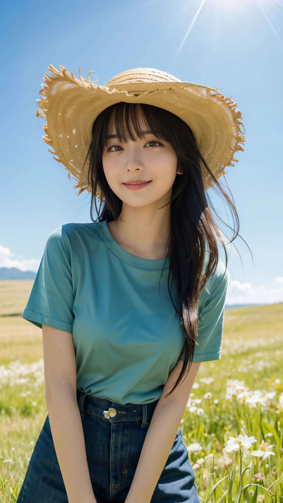 (highest quality,masterpiece:1.3,ultra high resolution),(Super detailed,caustics,8k),(photorealistic:1.4,RAW shooting),18-year-old,cute,Japanese,straw hat,Black Hair Middle Hair,(T-shirt),(smile),looking at the camera,blue sky,sun,Backlight,(top of the hill),(Tall green grassland:1.1),(Standing in the steppe),(ground level shot:1.1),(shot from the waist up),(face focus),(face close up),(low position:1.2),(Low - Angle:1.2),Natural light