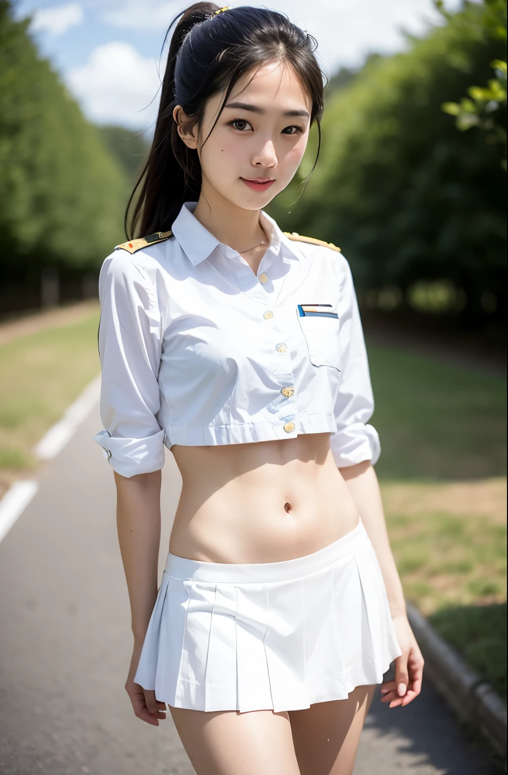 real photos、Highest imYear quality、realistic、Beautiful woman、beautiful thighicro mini skirt、beautiful face、本当の私は何Yearも、federal army uniform miniskirt、ponytail、Yuriko Yoshitaka、16 year old Japanese female、(Zuo々Ki Nozomi:1.4)、pretty girl、white pantiesが見える、16Year、(white panties:1.3)、super mini skirt、beautiful thighs、white panties、ピンクのミニスカートがめくれてwhite pantiesが見えてる