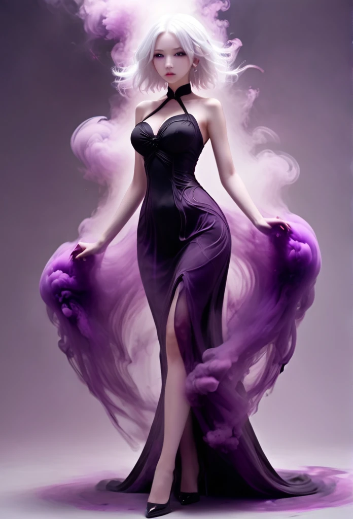 bailing_darkness，girl made of purple smoke，1个Giant Breast Girl，Black dress，White hair